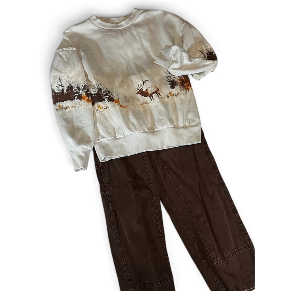 Art Class Boys XL 14 Elk Nature Graphic Sweatshirt & Brown Carpenter Pants Set